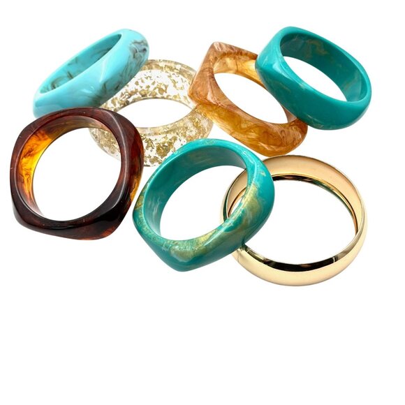 Gold Turquoise Swirl Lucite Wide Bangle Bracelet Retro Chic Style Stackable - Picture 3 of 7